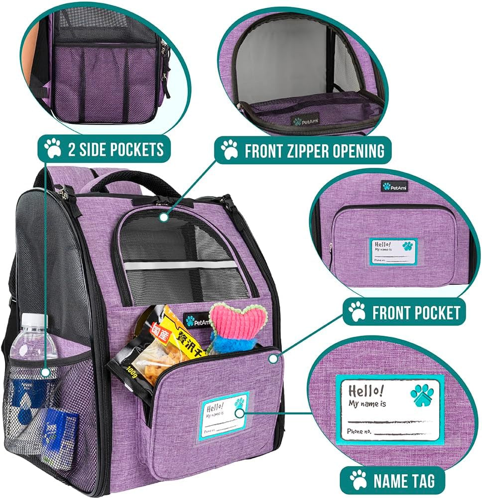 Dog Backpack Carrier for Small Medium Dogs Large Cats up to 18 Lbs, 2 Side Entry, Structured No-Collapse Frame, Airline Approved Ventilated Pet Backpack for Hiking Camping Travel, Purple