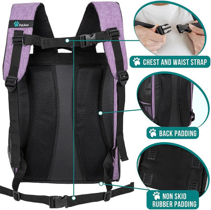 Dog Backpack Carrier for Small Medium Dogs Large Cats up to 18 Lbs, 2 Side Entry, Structured No-Collapse Frame, Airline Approved Ventilated Pet Backpack for Hiking Camping Travel, Purple